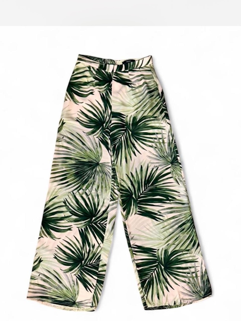 Forever 21 Ivory & Green Semi Sheer Palm Leaf Print Wide Leg Palazzo Pants Sz XS